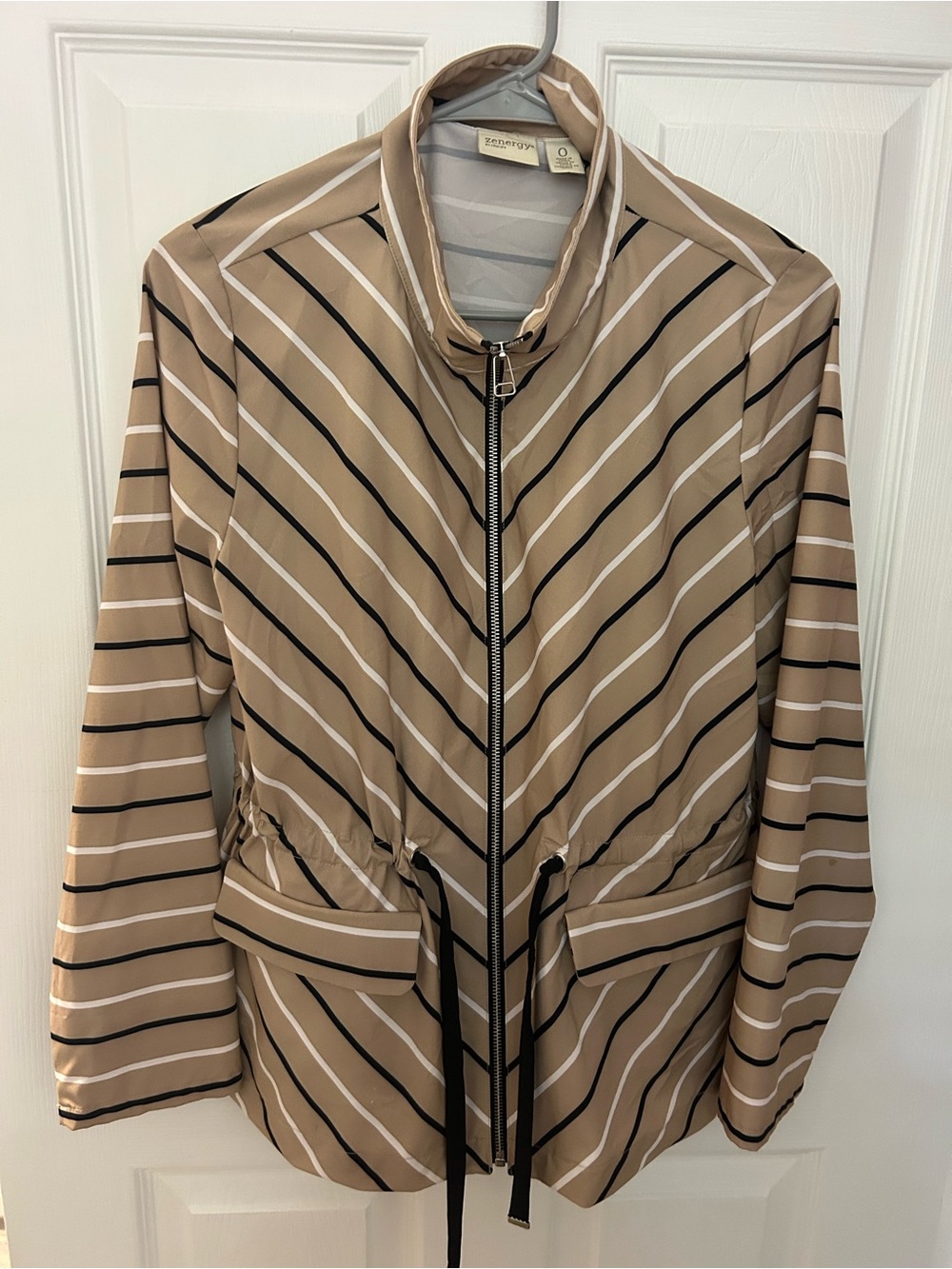 Zenergy by Chicos Tan Striped Drawstring Jacket sz 0